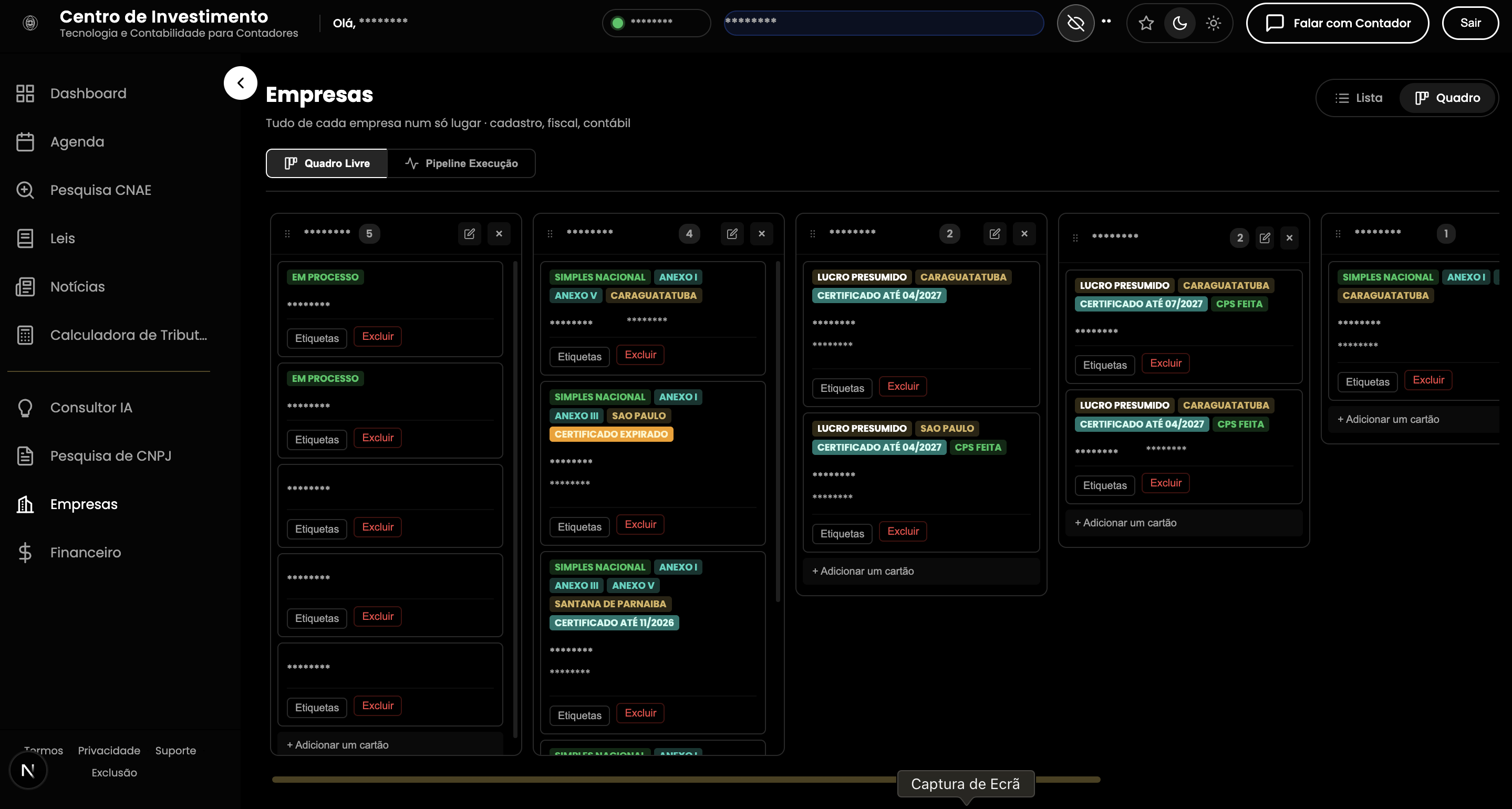 Carteira em quadro (Kanban)